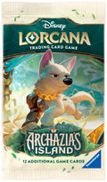 Disney Lorcana Trading Card Game 'Archazia's Island' booster pack featuring a stylized illustration of a white wolf character with pink ears and a gold collar, on a cream and teal package with Ravensburger branding.