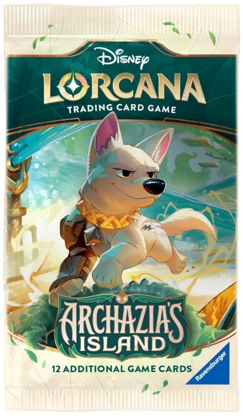 Disney Lorcana Trading Card Game 'Archazia's Island' booster pack featuring a stylized illustration of a white wolf character with pink ears and a gold collar, on a cream and teal package with Ravensburger branding.