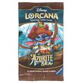 A bag of Disney Lorcana Trading Card Game Azurite Sea cards, featuring a cartoon illustration of Stitch as a pirate on the front, with Ravensburger branding at the bottom.
