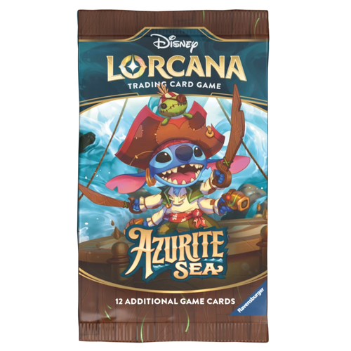A bag of Disney Lorcana Trading Card Game Azurite Sea cards, featuring a cartoon illustration of Stitch as a pirate on the front, with Ravensburger branding at the bottom.
