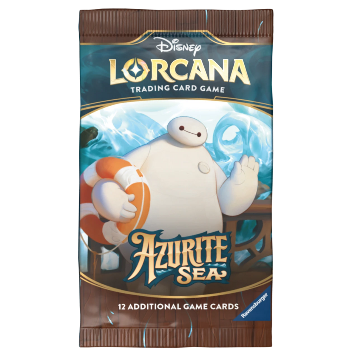 A bag of Disney Lorcana Trading Card Game Azurite Sea cards, featuring Baymax on the front with blue ocean artwork and brown edges.