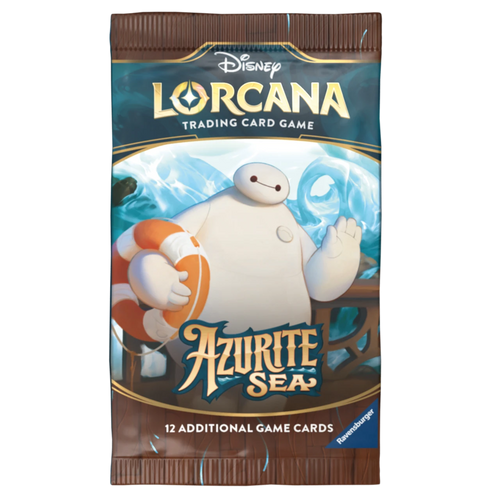 A bag of Disney Lorcana Trading Card Game Azurite Sea cards, featuring Baymax on the front with blue ocean artwork and brown edges.