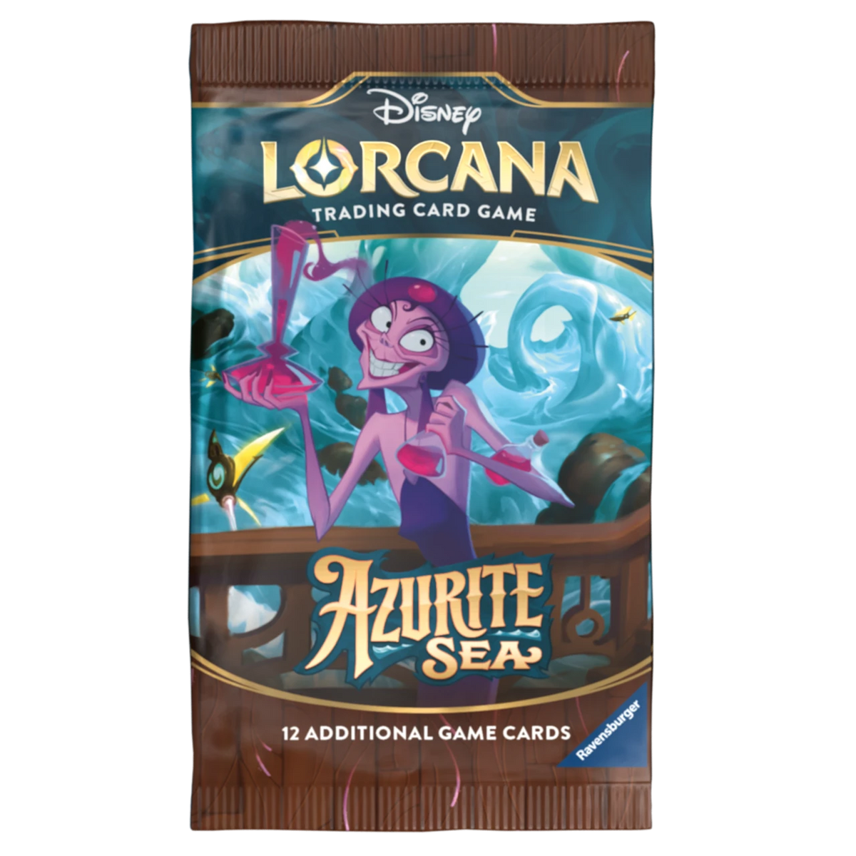 A sealed Disney Lorcana Trading Card Game booster pack for Azurite Sea, featuring illustrated artwork of a purple-skinned mermaid character on a ship with blue ocean waves. Visible brands include Disney and Ravensburger.