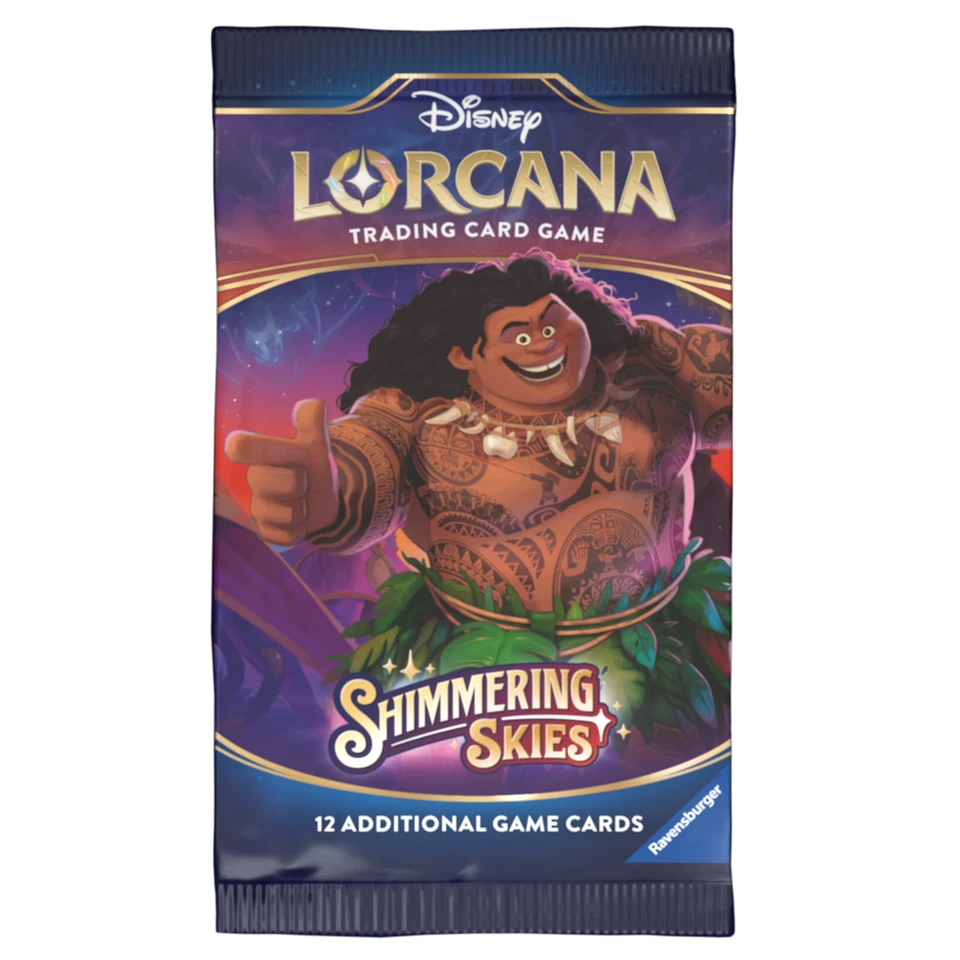 A single pack of Disney Lorcana Trading Card Game cards, titled 'Shimmering Skies', featuring the character Moana on the front cover. The packaging is dark blue with purple and gold accents, and is photographed against a clean white background.