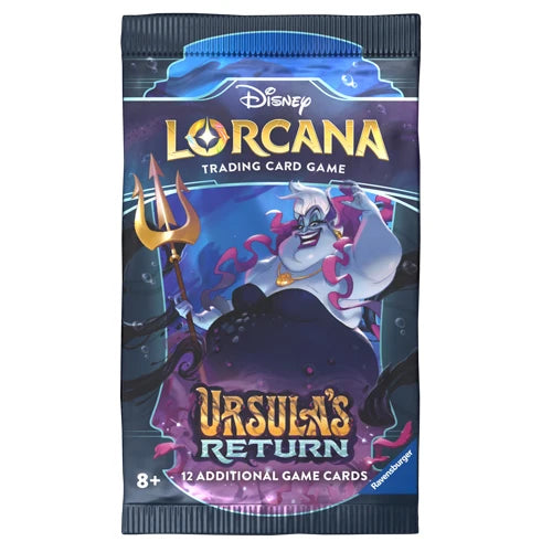 A single pack of Disney Lorcana Trading Card Game cards, titled 'Ursula's Return', featuring an illustration of Ursula with her trident against a dark purple and blue background. The Ravensburger brand logo is visible in the bottom right corner.