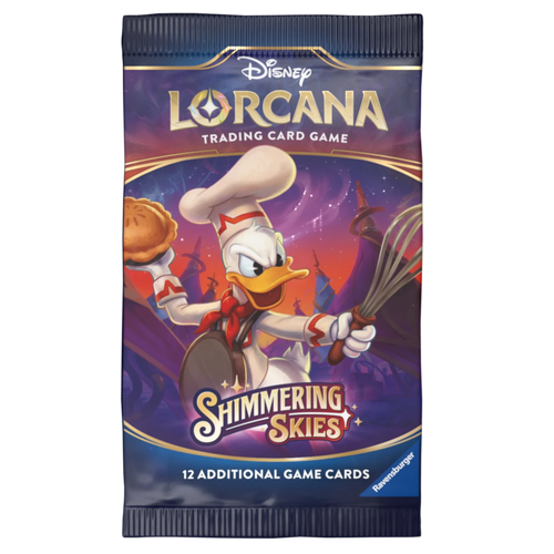 Disney Lorcana trading card game "shimmering skies" pack with character design on a purple background