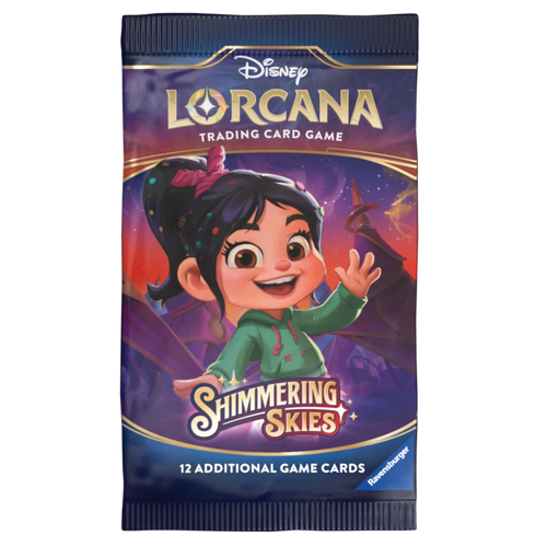 Disney Lorcana trading card game "shimmering skies" pack with character design on a purple background